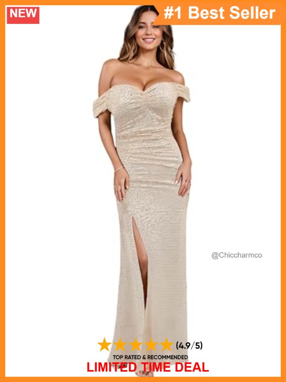 Sequin Off-Shoulder Maxi Dress High Slit Formal Evening Gown